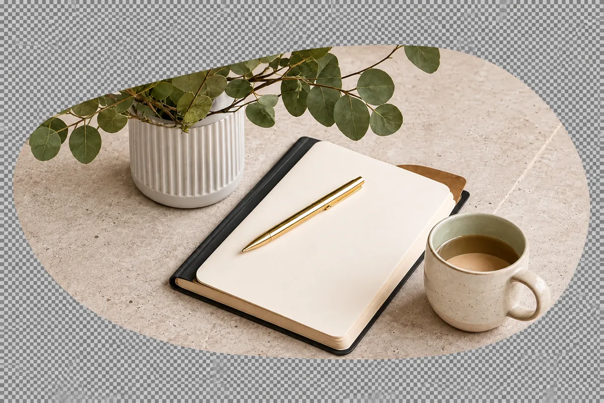 A notebook, coffee and fresh eucalyptus on a calm workspace